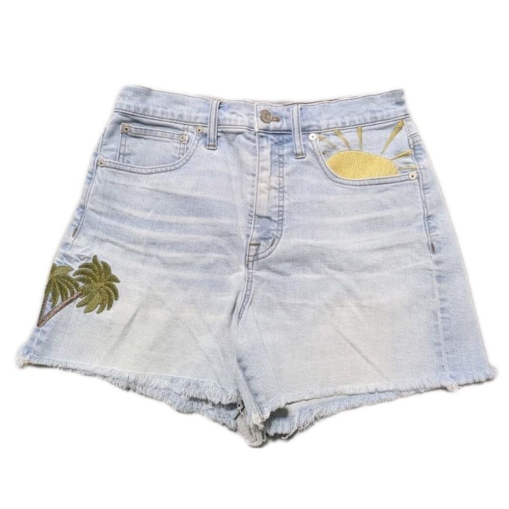 Madewell Women's High Rise Denim Shorts Size 27 Embroidered Sun & Palm Trees...